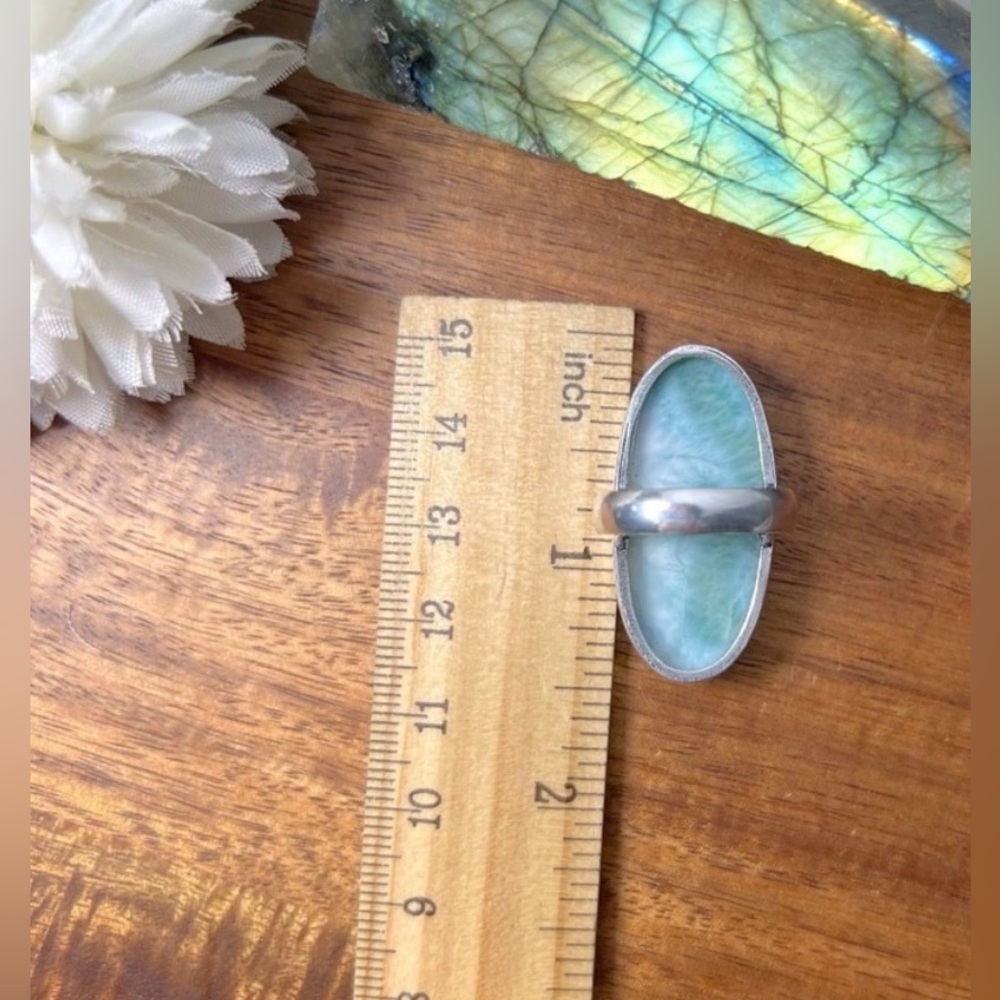 Chunky Long Larimar Ring Size 7.5 Vintage Style 925 Sterling Silver Handmade New - Picture 6 of 6